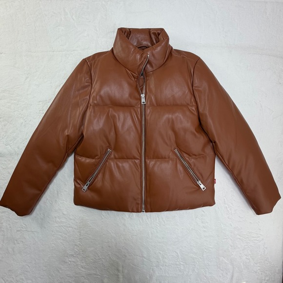 Levi Strauss & Co Women Brown Faux Leather Puffer Jacket Stand Collar Size L - Picture 4 of 10